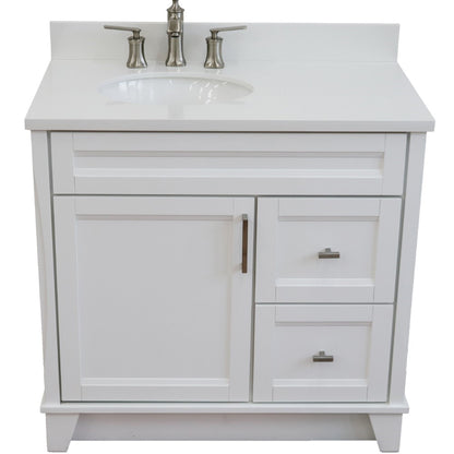 37" Single sink vanity in White finish with White engineered stone and Left door/Left sink