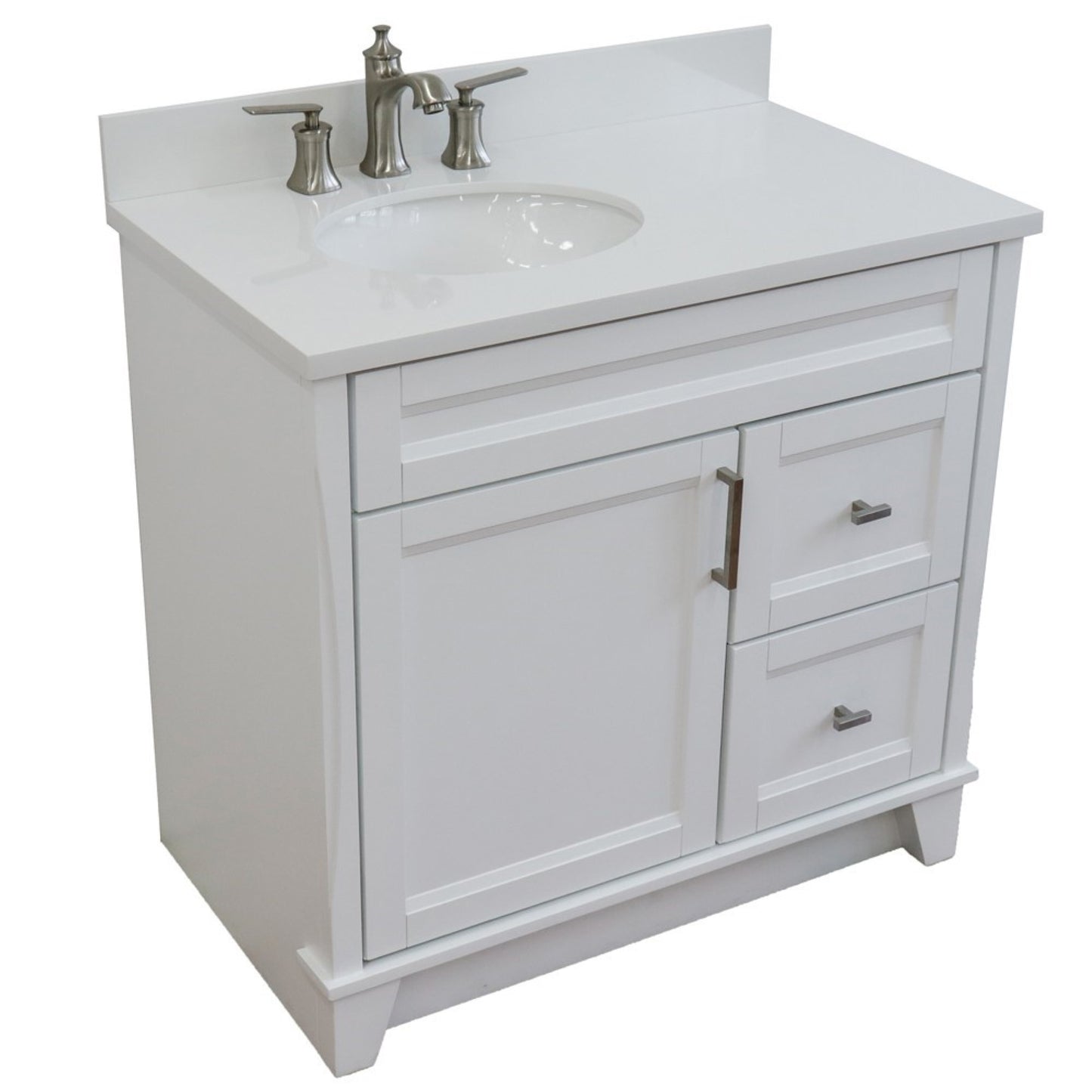 37" Single sink vanity in White finish with White engineered stone and Left door/Left sink