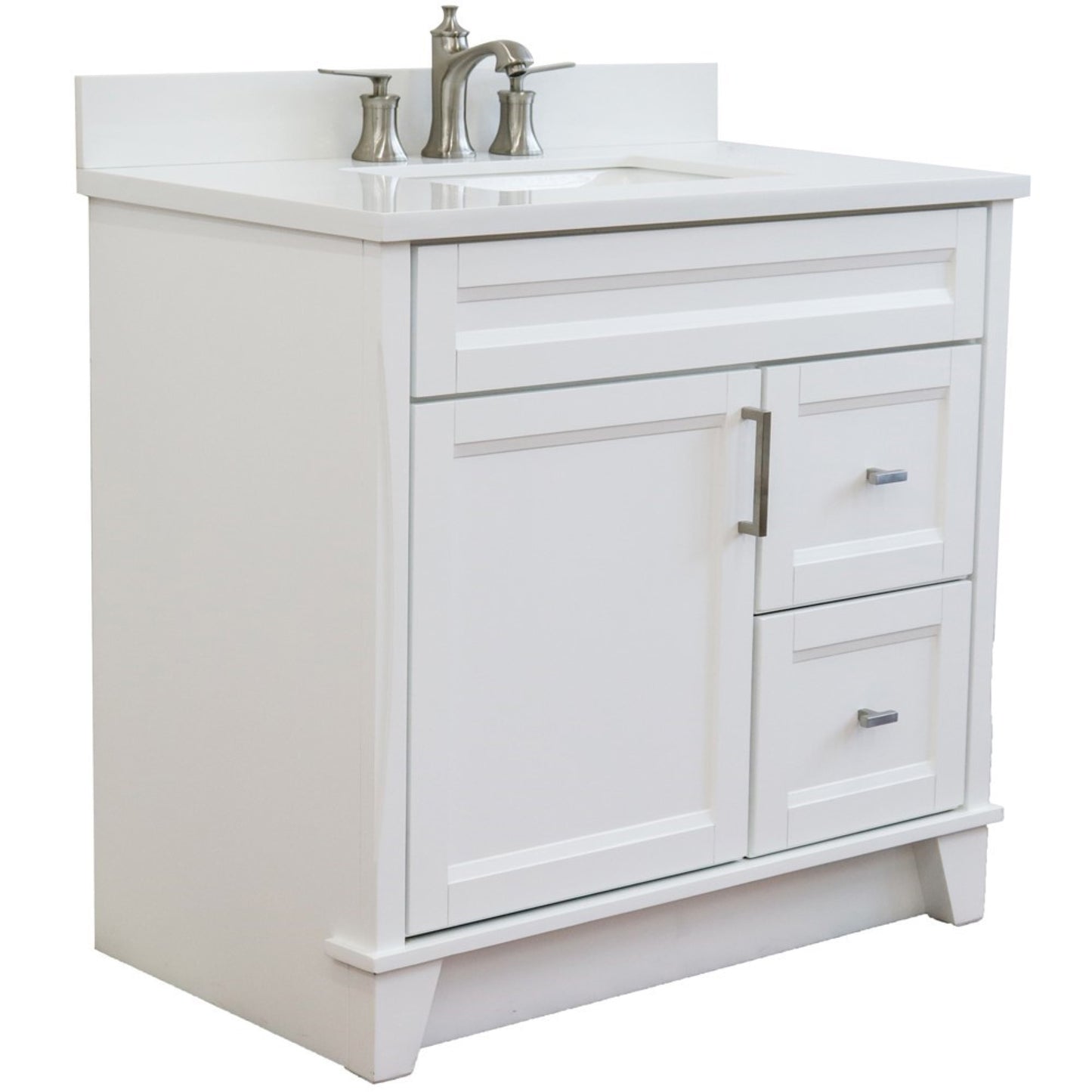 37" Single sink vanity in White finish with White engineered stone and Left door/Center sink