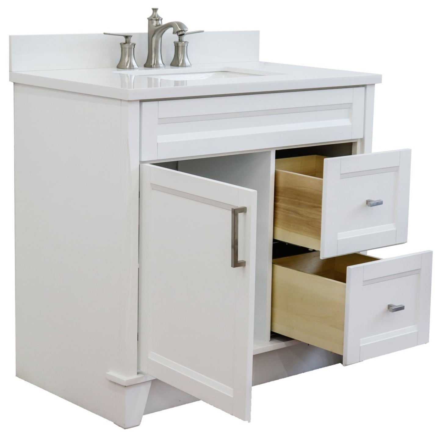 37" Single sink vanity in White finish with White engineered stone and Left door/Center sink