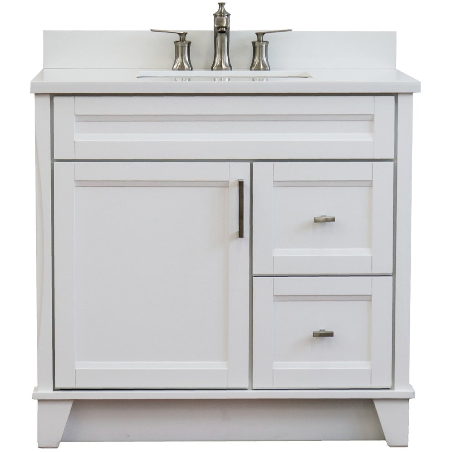 37" Single sink vanity in White finish with White engineered stone and Left door/Center sink