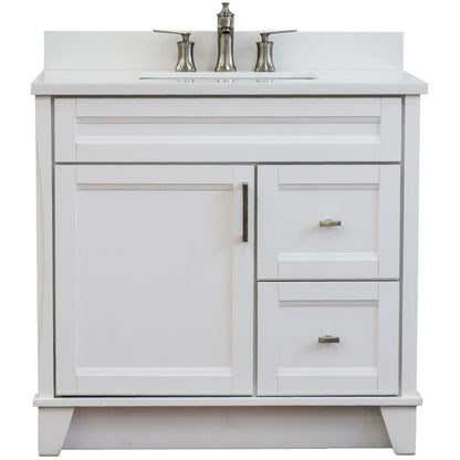 37" Single sink vanity in White finish with White engineered stone and Left door/Center sink