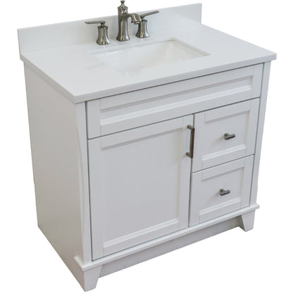 37" Single sink vanity in White finish with White engineered stone and Left door/Center sink