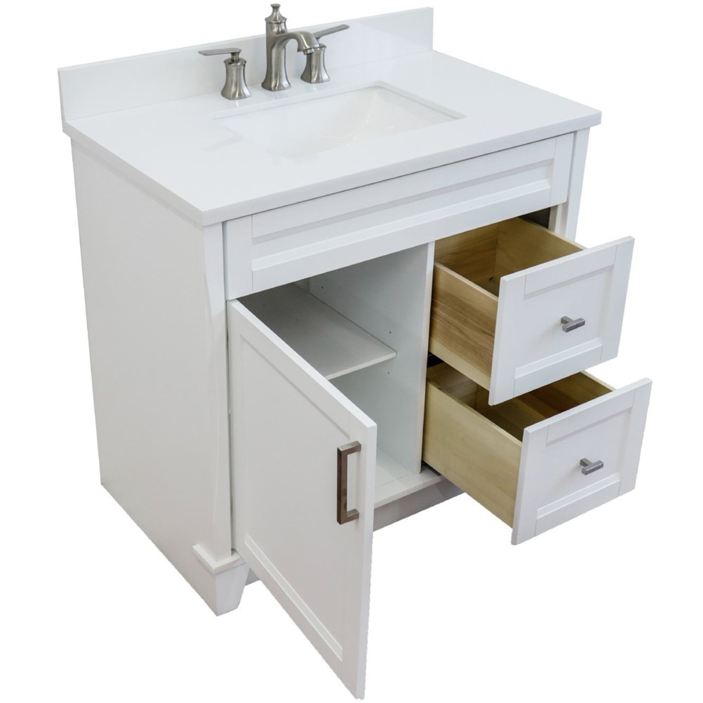 37" Single sink vanity in White finish with White engineered stone and Left door/Center sink