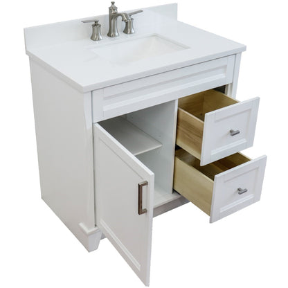 37" Single sink vanity in White finish with White engineered stone and Left door/Center sink