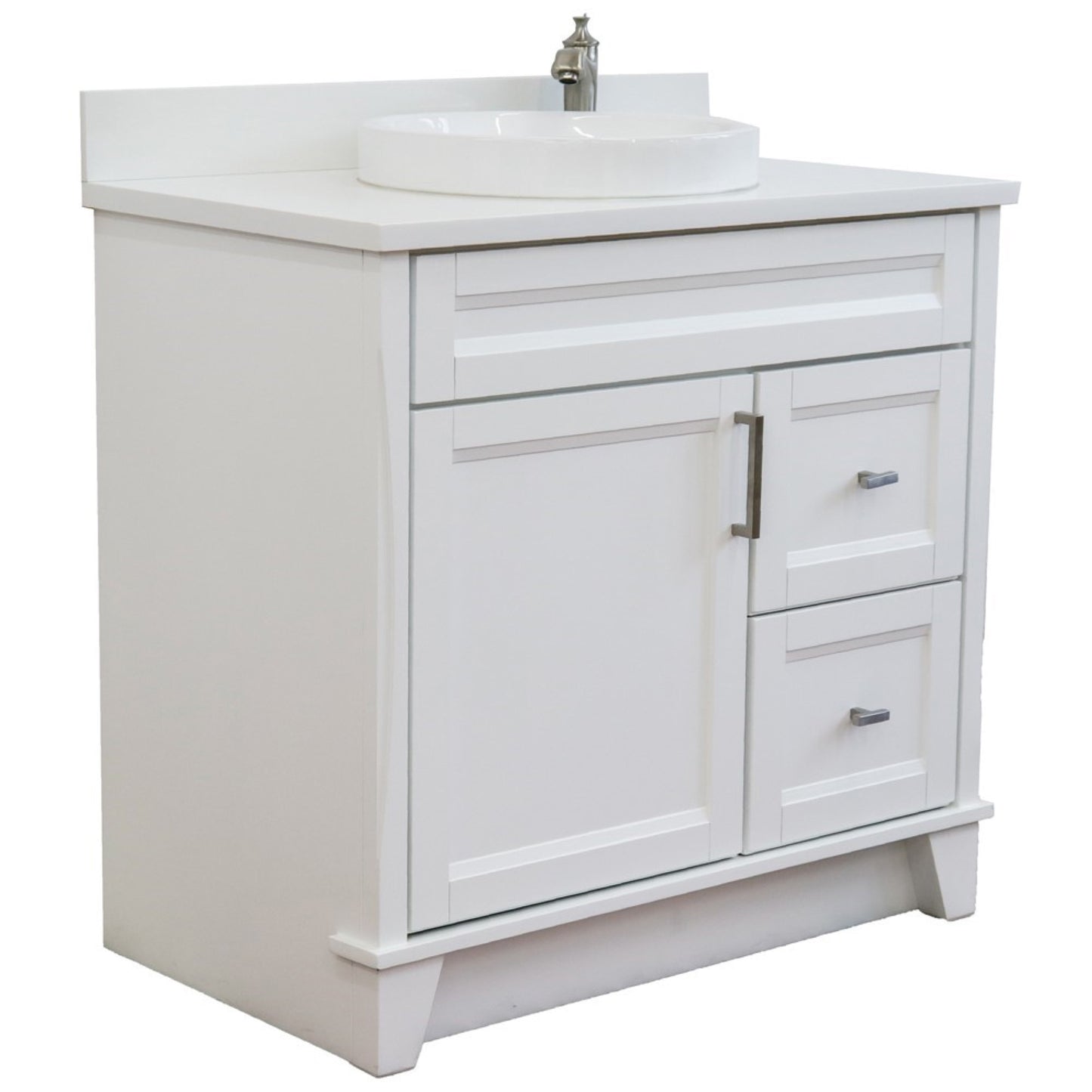 37" Single sink vanity in White finish with White engineered stone and Left door/Center sink