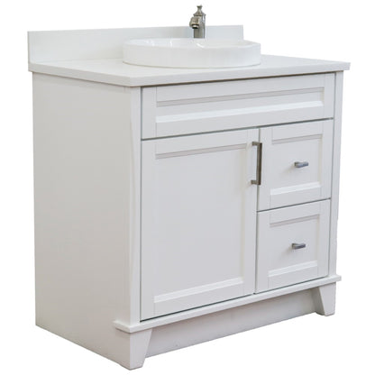 37" Single sink vanity in White finish with White engineered stone and Left door/Center sink