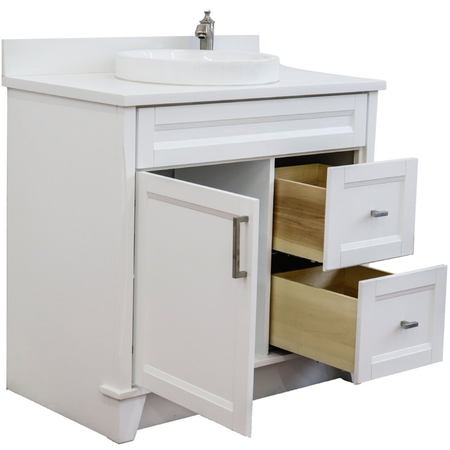 37" Single sink vanity in White finish with White engineered stone and Left door/Center sink