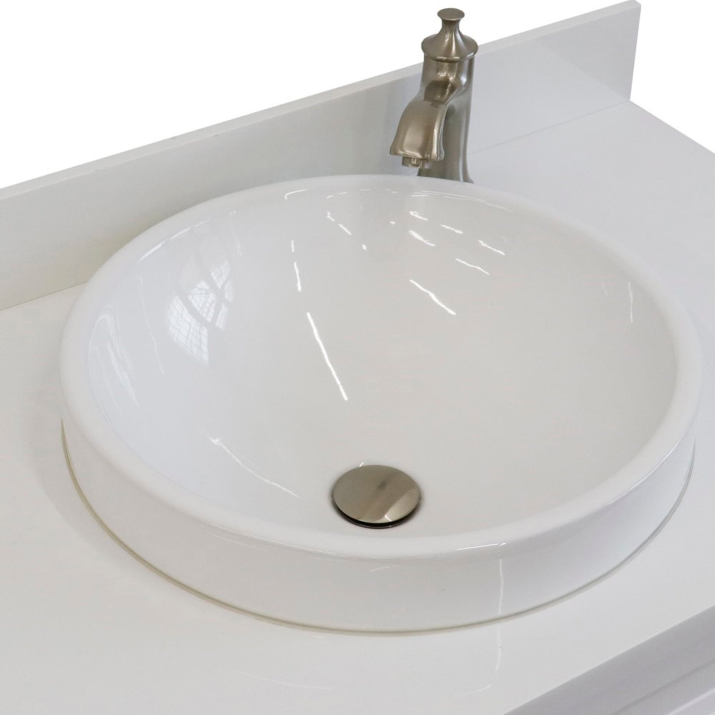 37" Single sink vanity in White finish with White engineered stone and Left door/Center sink