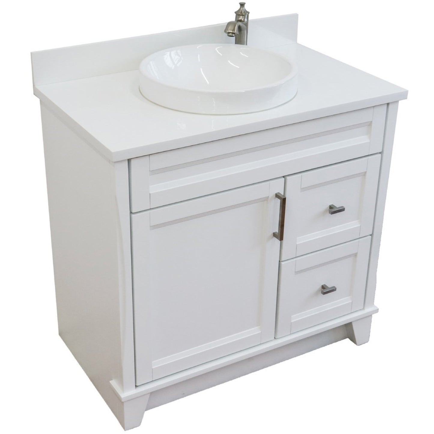 37" Single sink vanity in White finish with White engineered stone and Left door/Center sink