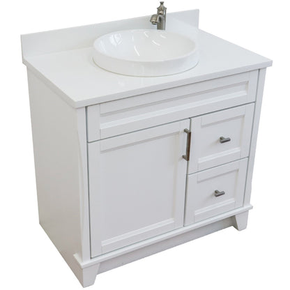 37" Single sink vanity in White finish with White engineered stone and Left door/Center sink
