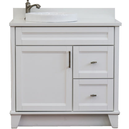 37" Single sink vanity in White finish with White engineered stone and Left door/Round Left sink