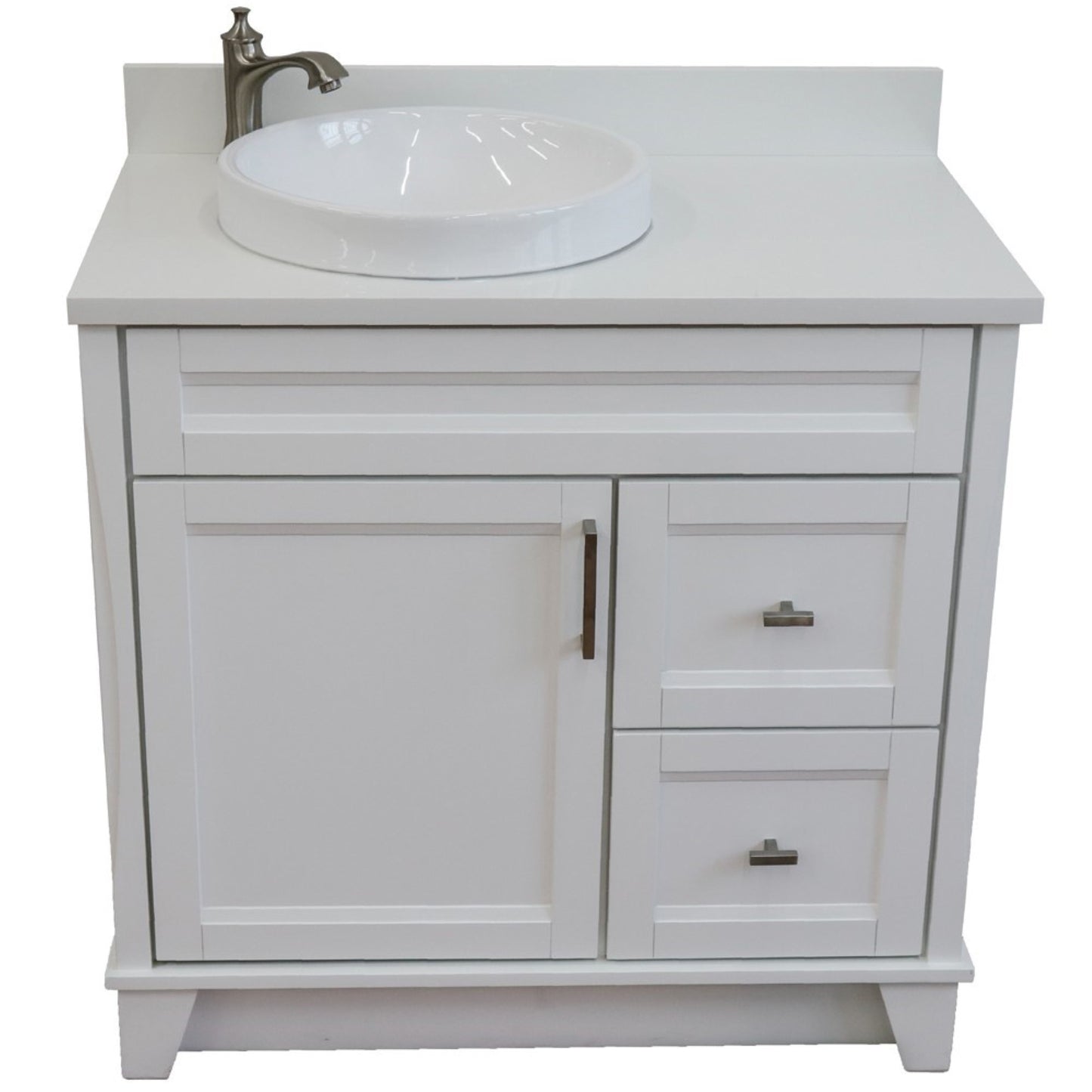 37" Single sink vanity in White finish with White engineered stone and Left door/Round Left sink