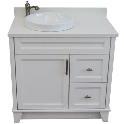 37" Single sink vanity in White finish with White engineered stone and Left door/Round Left sink