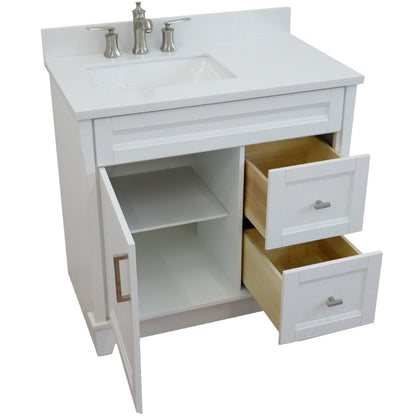 37" Single sink vanity in White finish with White engineered stone and Left door/Left sink