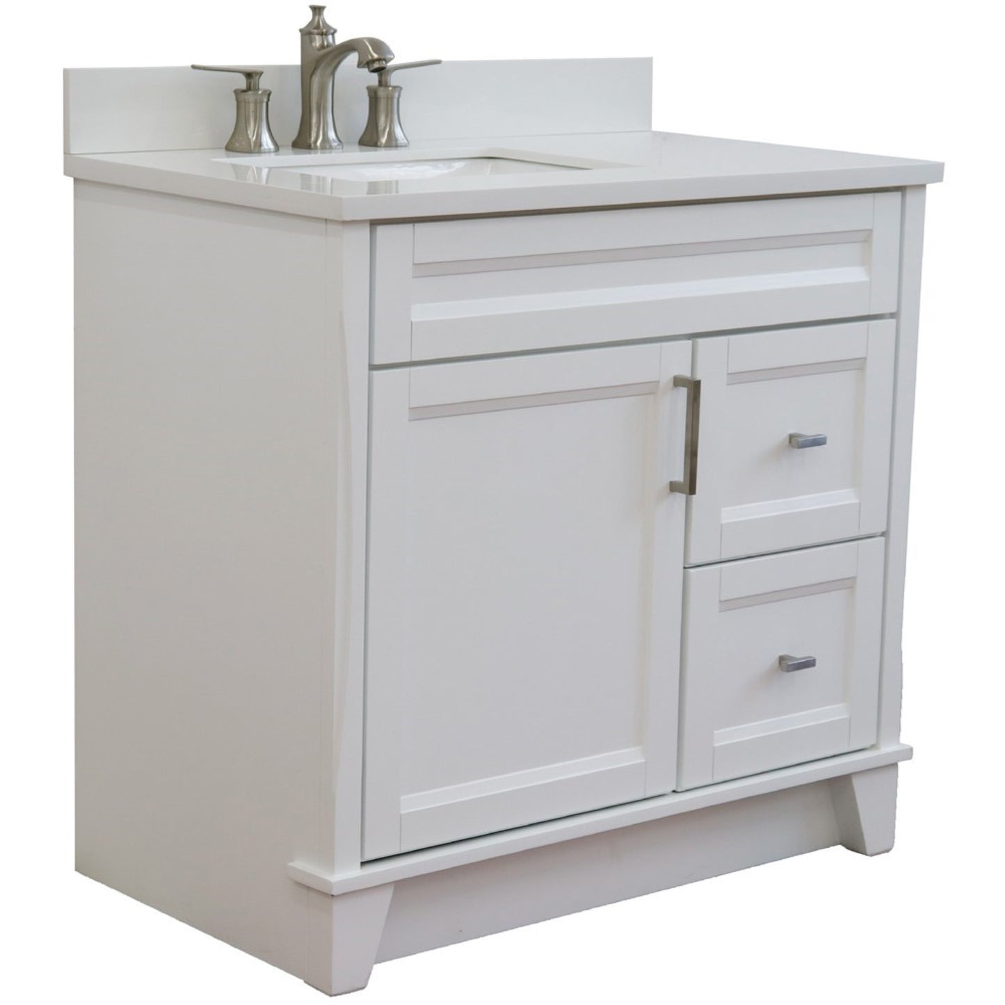 37" Single sink vanity in White finish with White engineered stone and Left door/Left sink