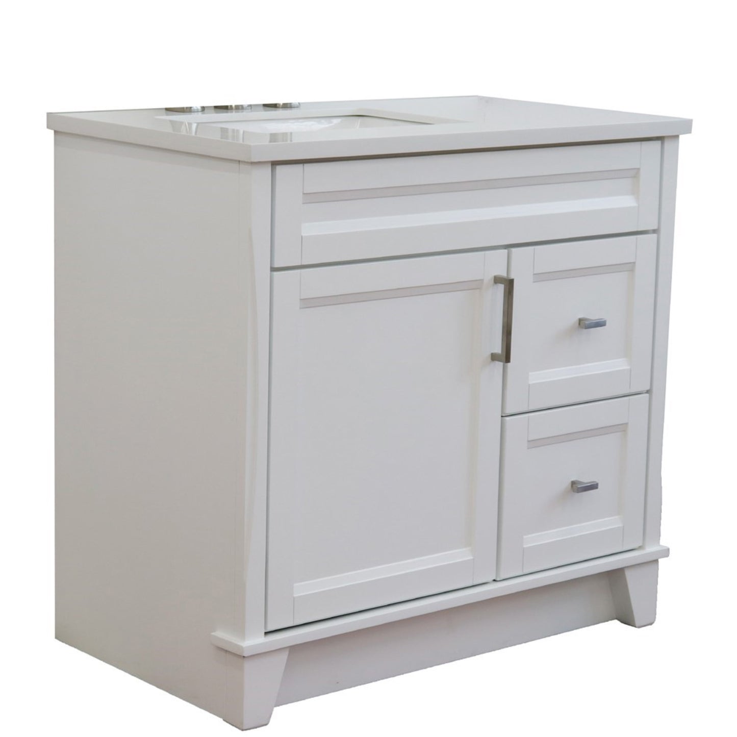 37" Single sink vanity in White finish with White engineered stone and Left door/Left sink