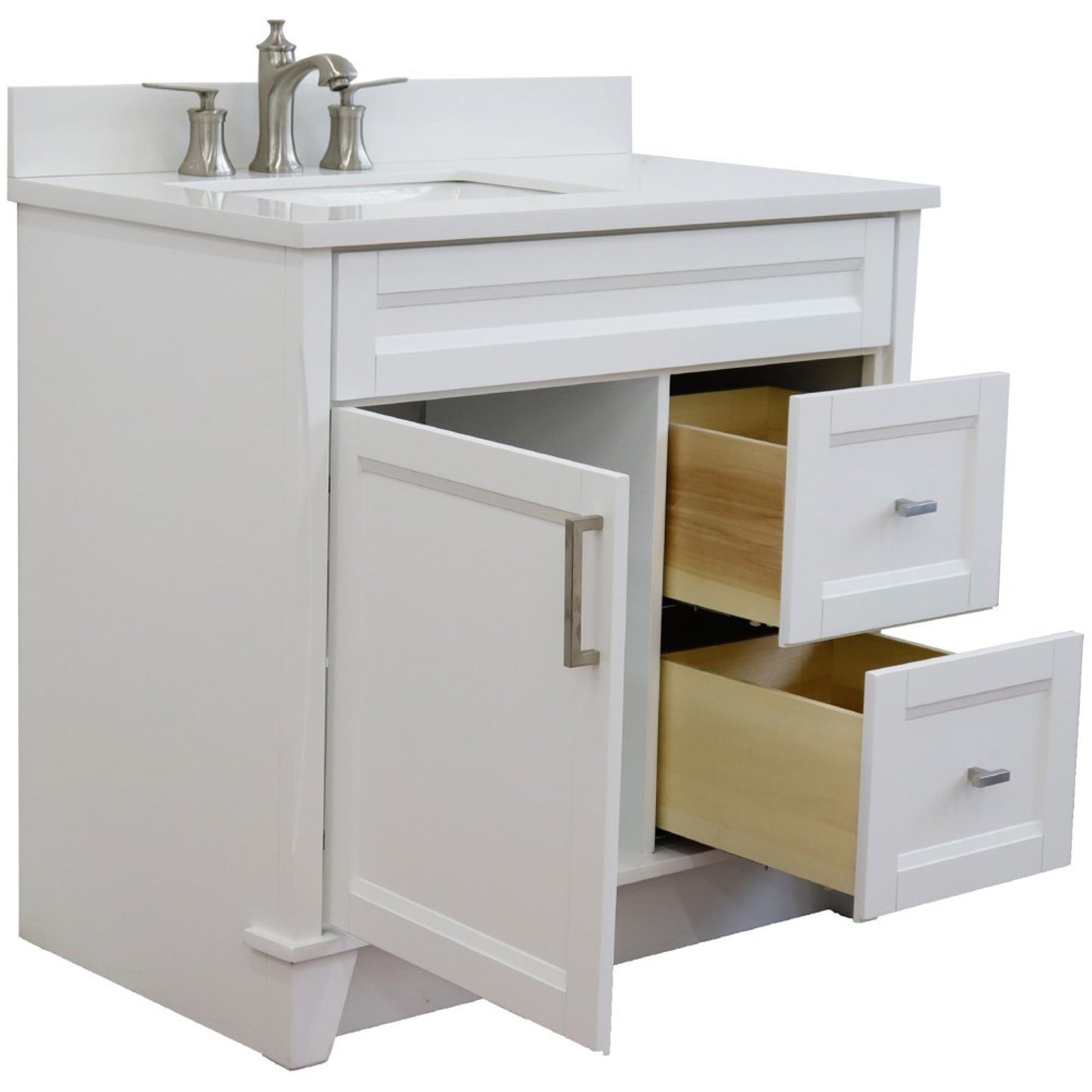 37" Single sink vanity in White finish with White engineered stone and Left door/Left sink