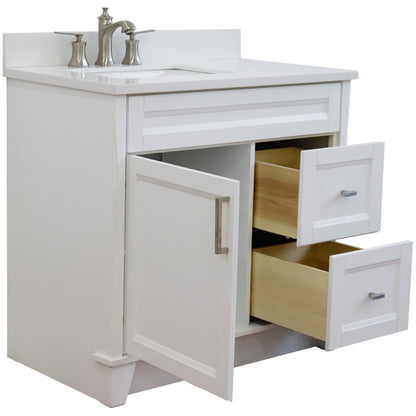 37" Single sink vanity in White finish with White engineered stone and Left door/Left sink