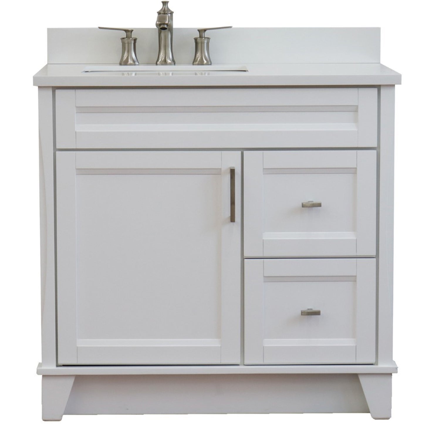 37" Single sink vanity in White finish with White engineered stone and Left door/Left sink