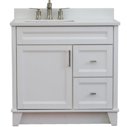 37" Single sink vanity in White finish with White engineered stone and Left door/Left sink