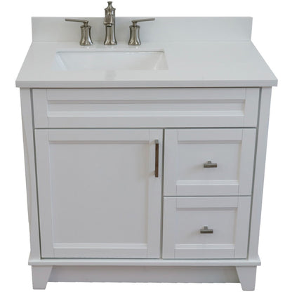 37" Single sink vanity in White finish with White engineered stone and Left door/Left sink