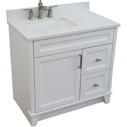 37" Single sink vanity in White finish with White engineered stone and Left door/Left sink