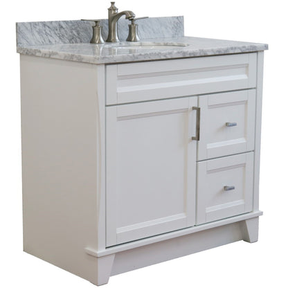 37" Single sink vanity in White finish with White Carrara marble and Left door/Center sink