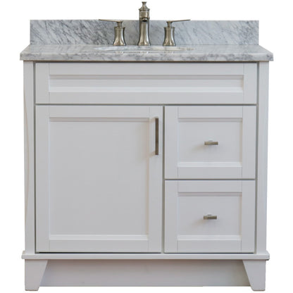 37" Single sink vanity in White finish with White Carrara marble and Left door/Center sink