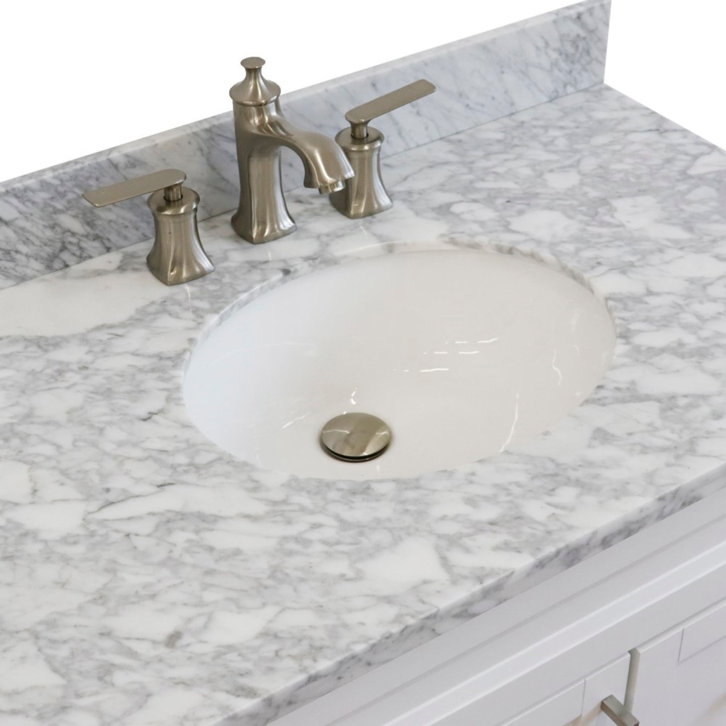37" Single sink vanity in White finish with White Carrara marble and Left door/Center sink