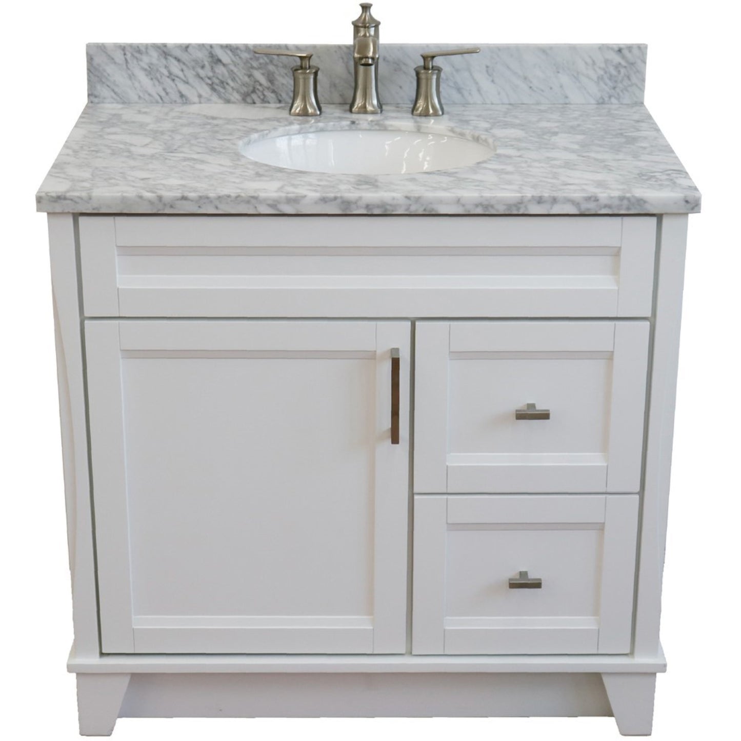 37" Single sink vanity in White finish with White Carrara marble and Left door/Center sink