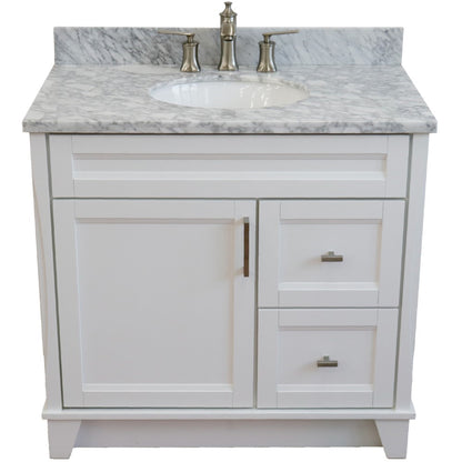 37" Single sink vanity in White finish with White Carrara marble and Left door/Center sink