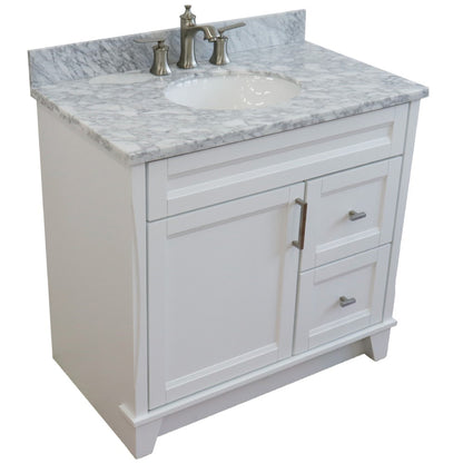 37" Single sink vanity in White finish with White Carrara marble and Left door/Center sink