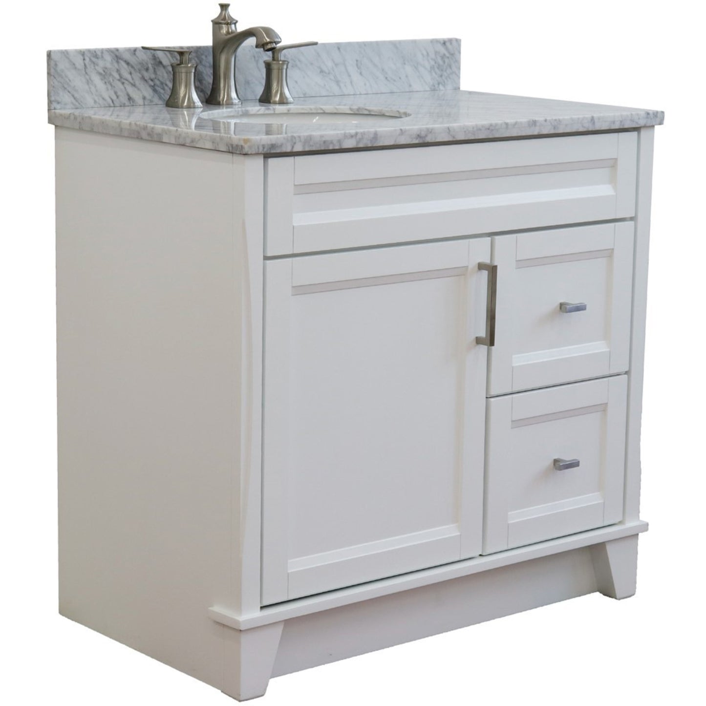 37" Single sink vanity in White finish with White Carrara marble and Left door/Left sink