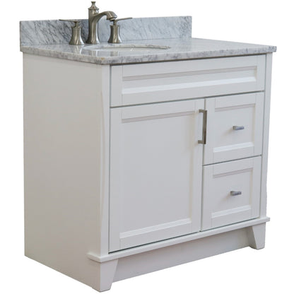 37" Single sink vanity in White finish with White Carrara marble and Left door/Left sink