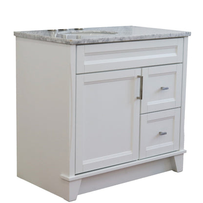 37" Single sink vanity in White finish with White Carrara marble and Left door/Left sink