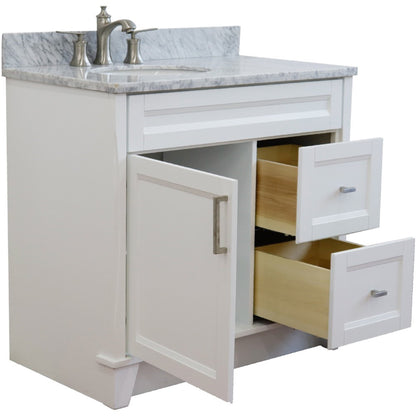 37" Single sink vanity in White finish with White Carrara marble and Left door/Left sink