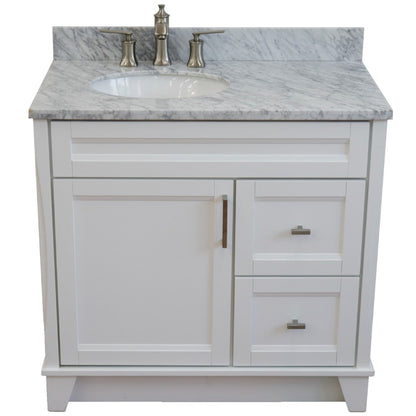 37" Single sink vanity in White finish with White Carrara marble and Left door/Left sink