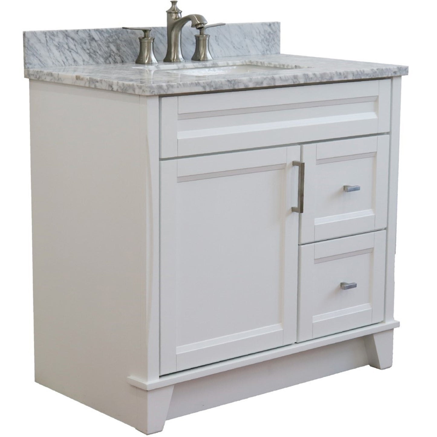 37" Single sink vanity in White finish with White Carrara marble and Left door/Center sink