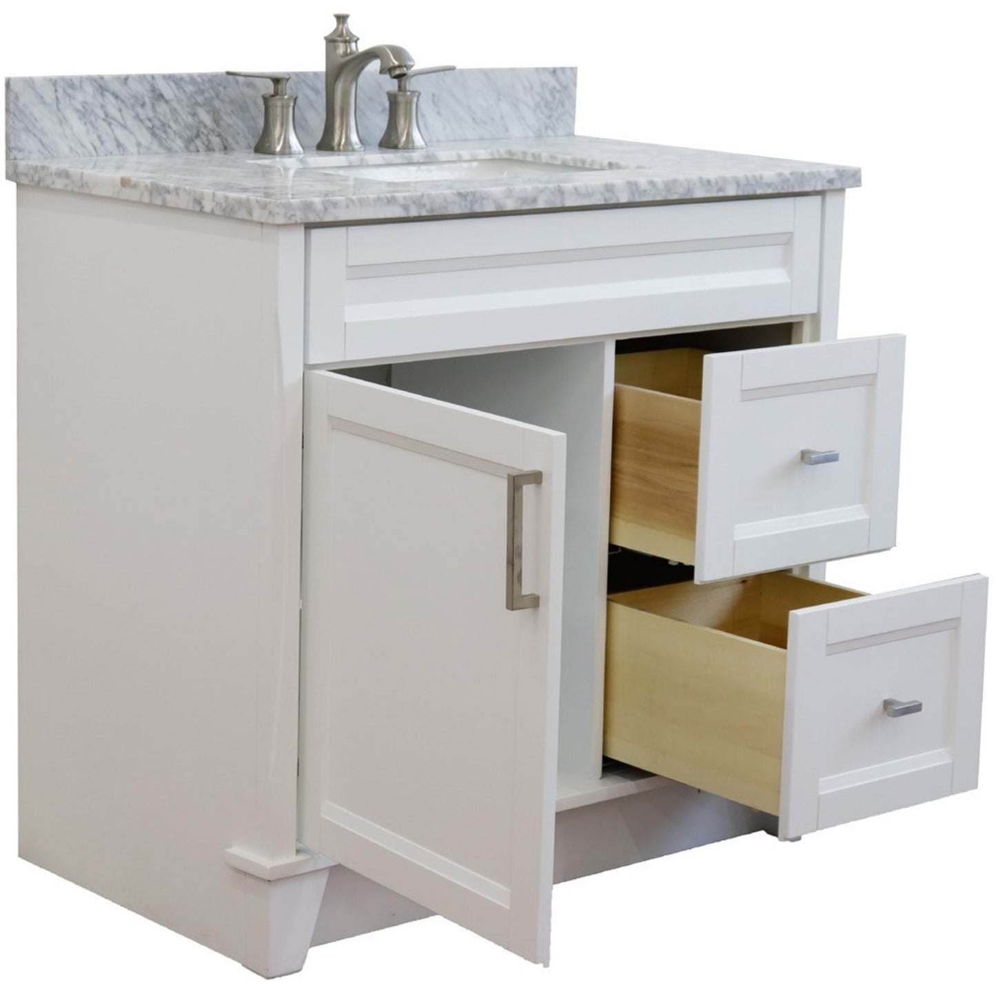 37" Single sink vanity in White finish with White Carrara marble and Left door/Center sink