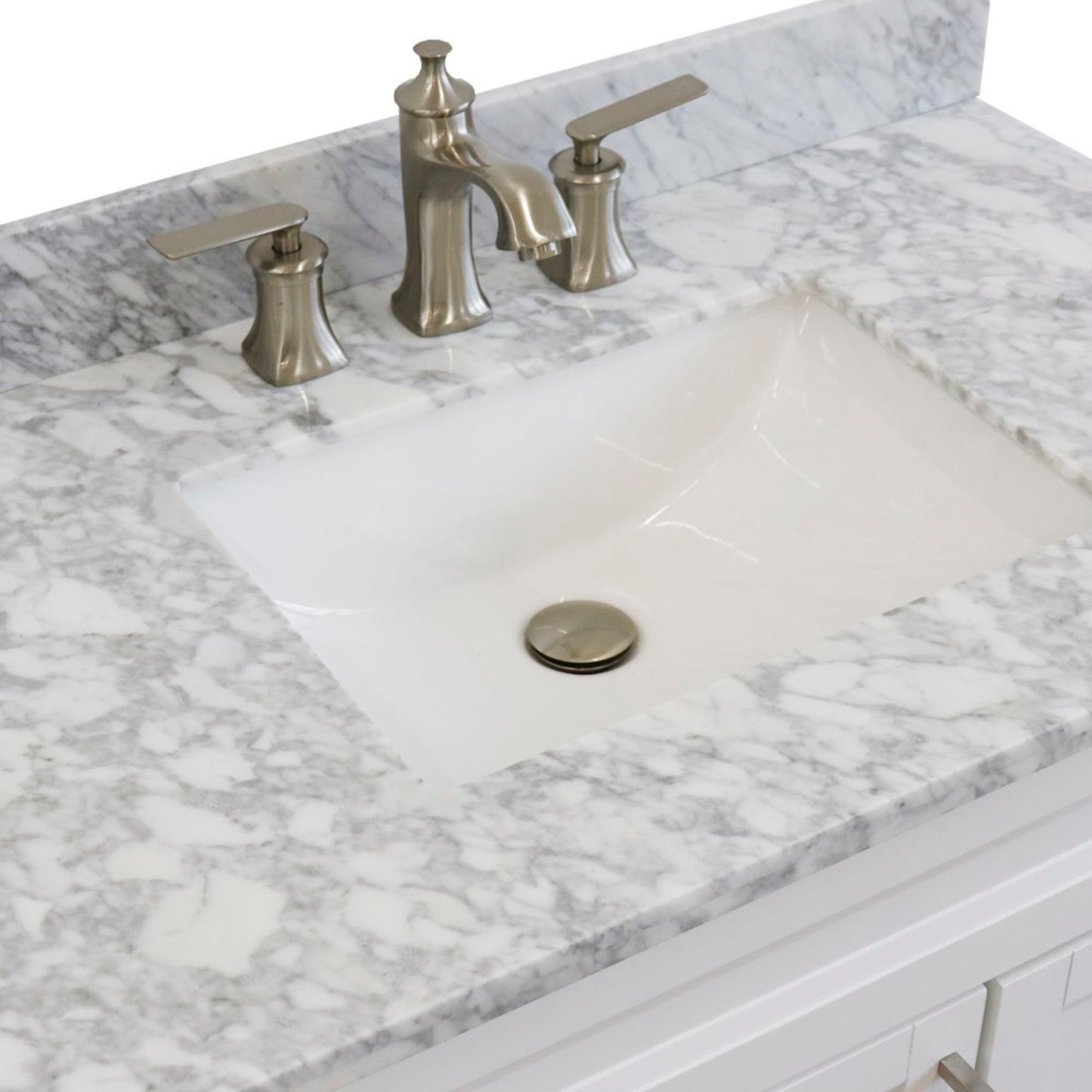 37" Single sink vanity in White finish with White Carrara marble and Left door/Center sink