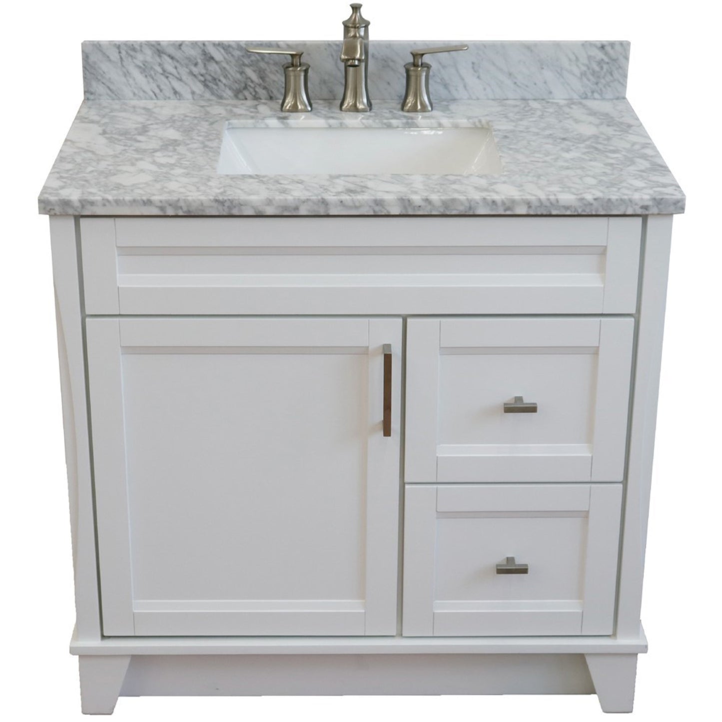 37" Single sink vanity in White finish with White Carrara marble and Left door/Center sink
