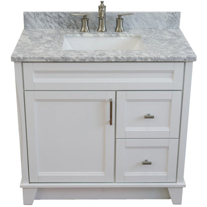 37" Single sink vanity in White finish with White Carrara marble and Left door/Center sink
