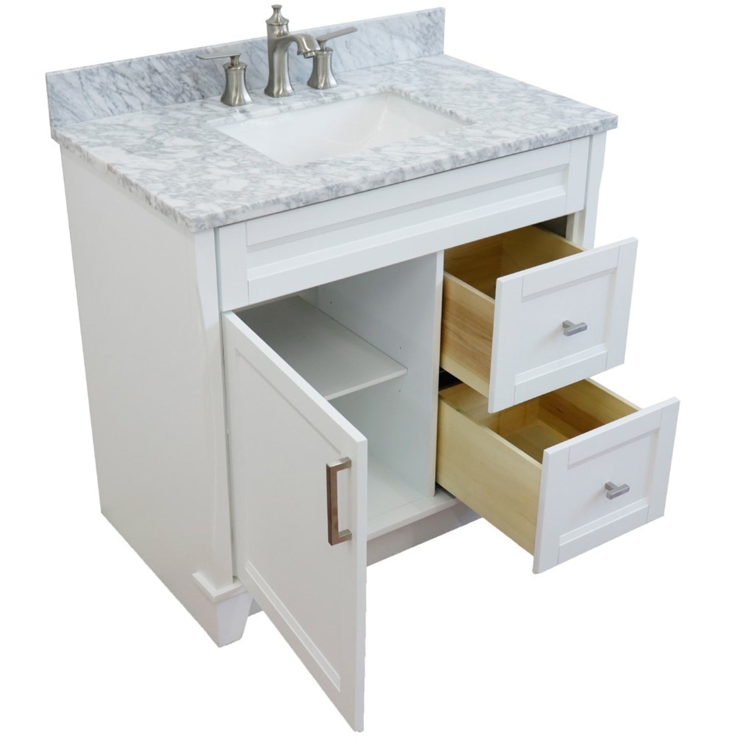 37" Single sink vanity in White finish with White Carrara marble and Left door/Center sink