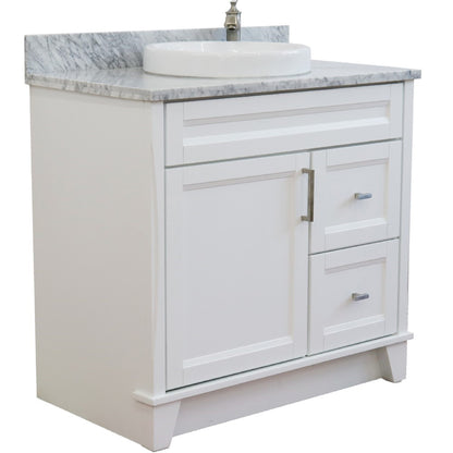 37" Single sink vanity in White finish with White Carrara marble and Left door/Round Center sink
