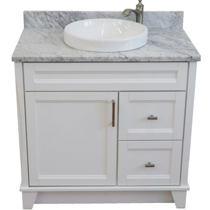 37" Single sink vanity in White finish with White Carrara marble and Left door/Round Center sink