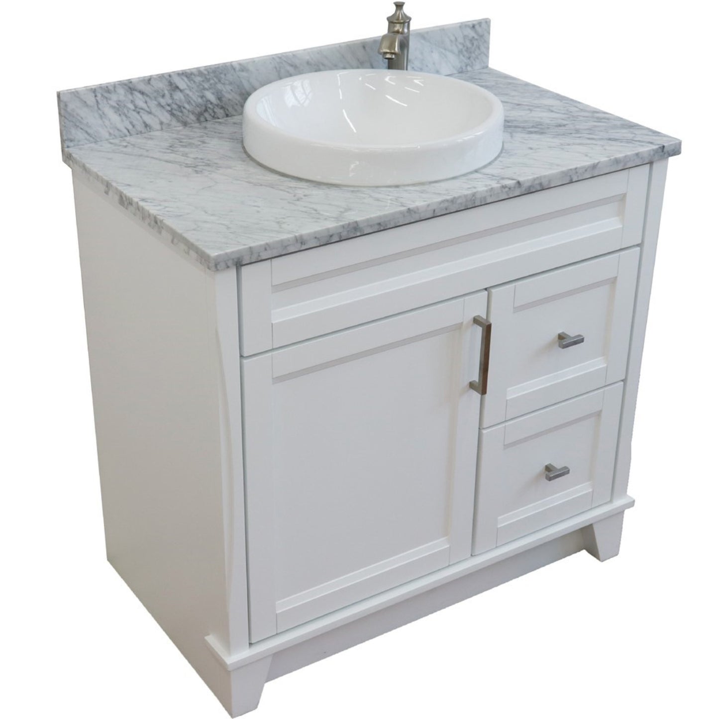 37" Single sink vanity in White finish with White Carrara marble and Left door/Round Center sink