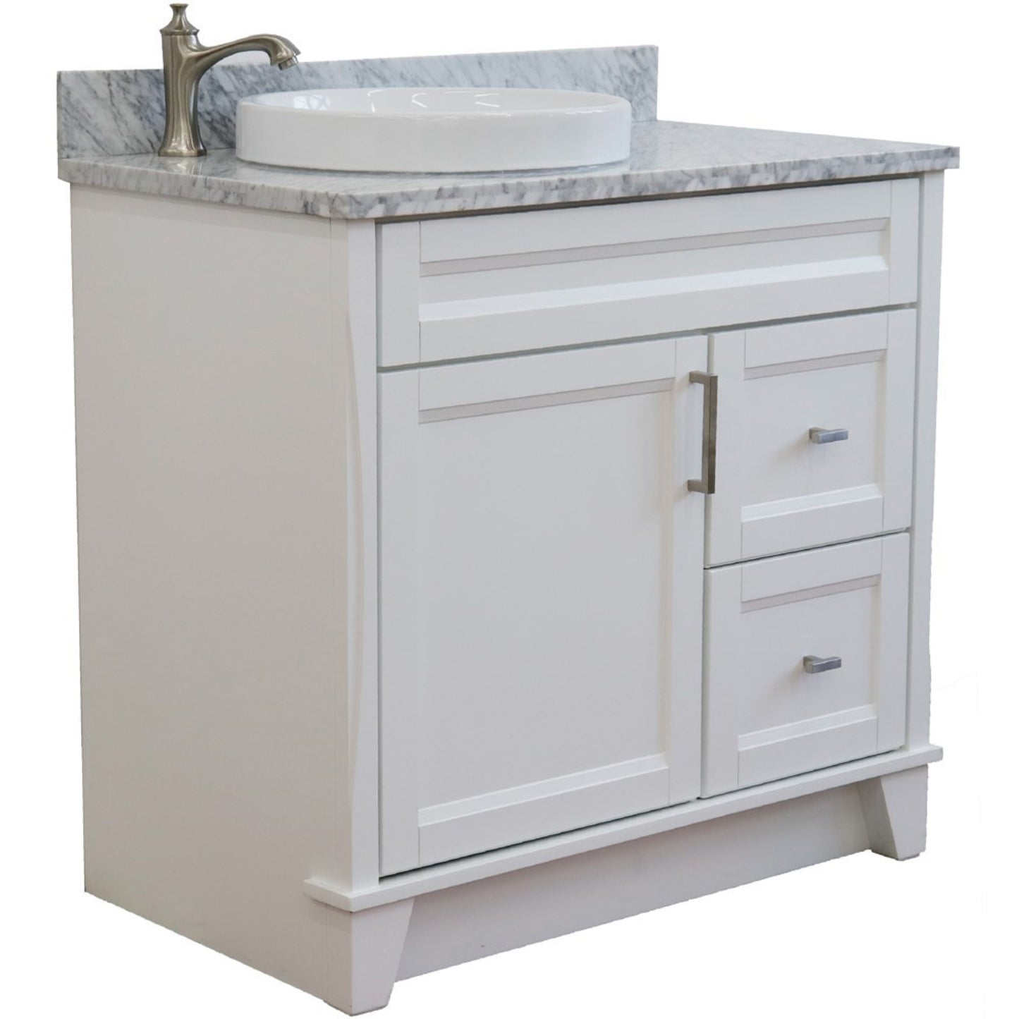 37" Single sink vanity in White finish with White Carrara marble and Left door/Round Left sink