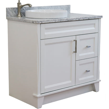 37" Single sink vanity in White finish with White Carrara marble and Left door/Round Left sink