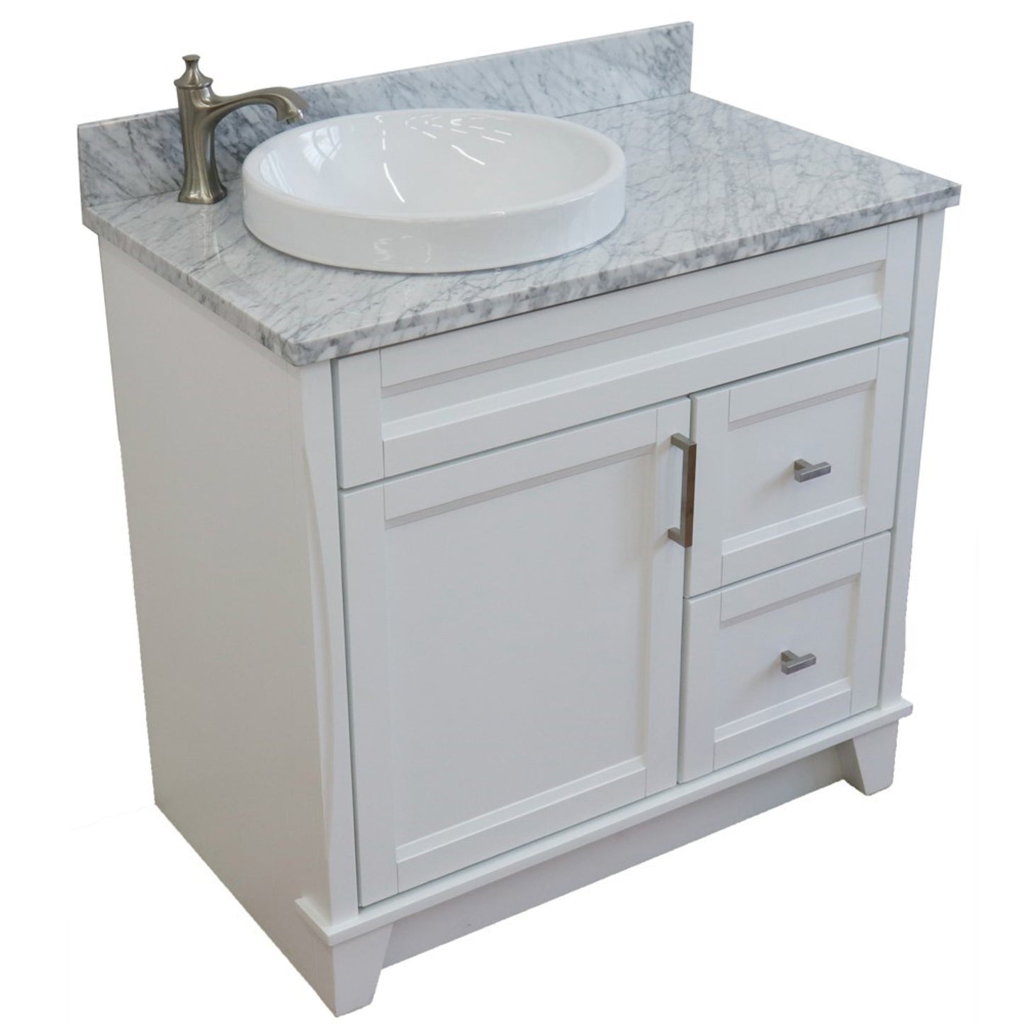 37" Single sink vanity in White finish with White Carrara marble and Left door/Round Left sink